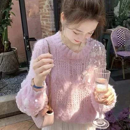 Women Clothing 2022 Spring Autumn Pink Sequin Sweater Woman Design Sense Gentle Hollow Knit Simple Casual Oversized Sweater