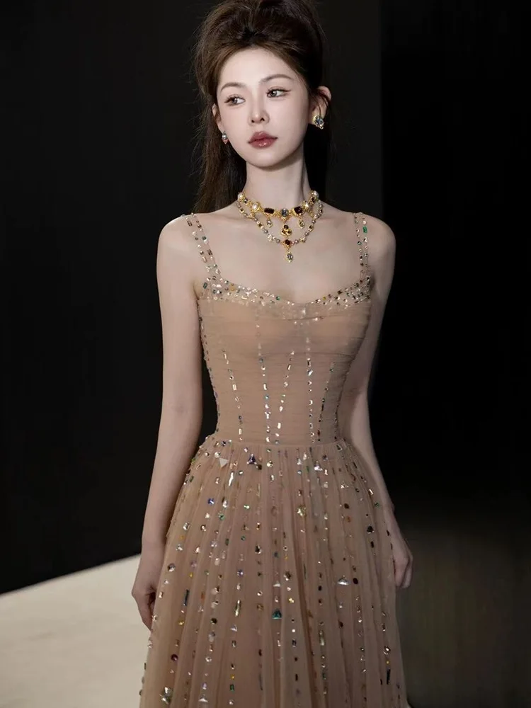 Champagne Prom Dresses Tulle Spaghetti Strap A-line Light Luxury Princess Graduation Birthday Woman Evening Celebrity Gowns