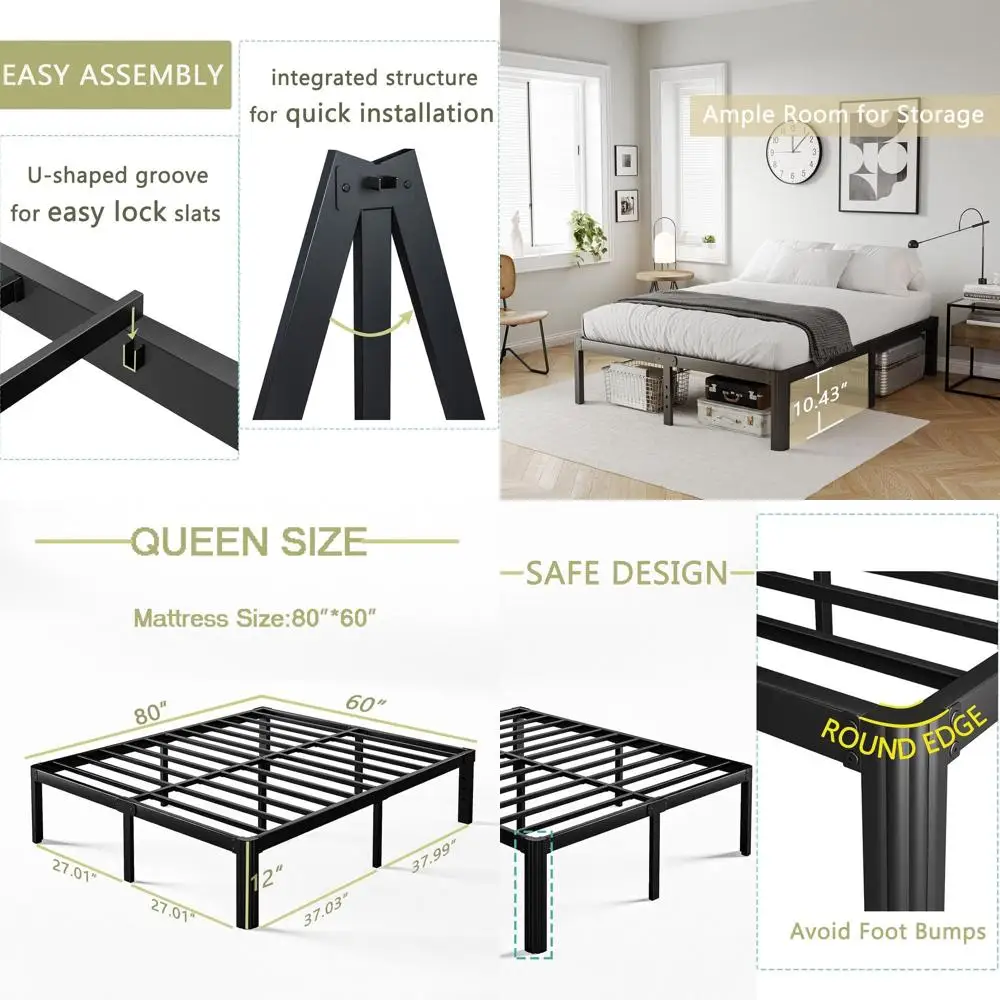 

12 High Queen Metal Bed Frame, No Box Spring Required, Easy Assembly, Heavy Duty, Black