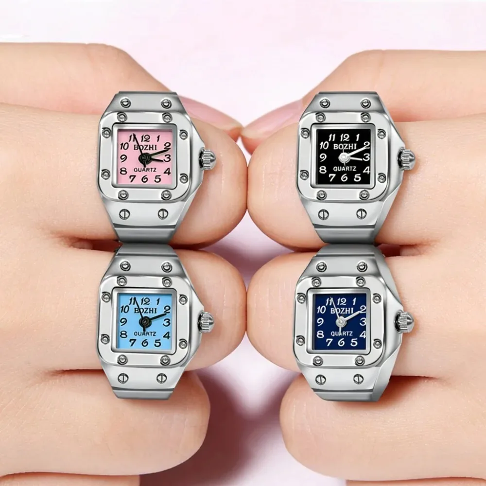 Fashion Couple Square Dial Finger Ring Watch Alloy Shell Creative Mini Jewelry Men Women Daily Decor