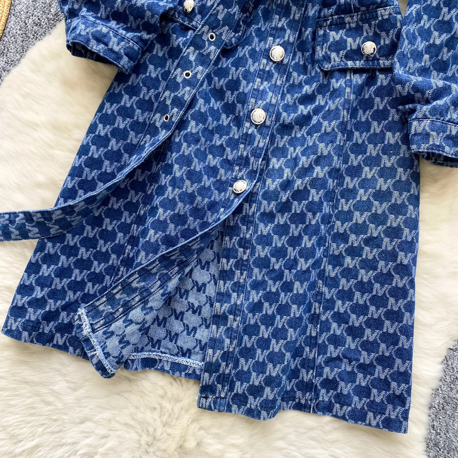 Light And Mature Style Niche Straps Waist Lapel Long-sleeved Denim Dress Women's Autumn Single-breasted Shirt Skirt