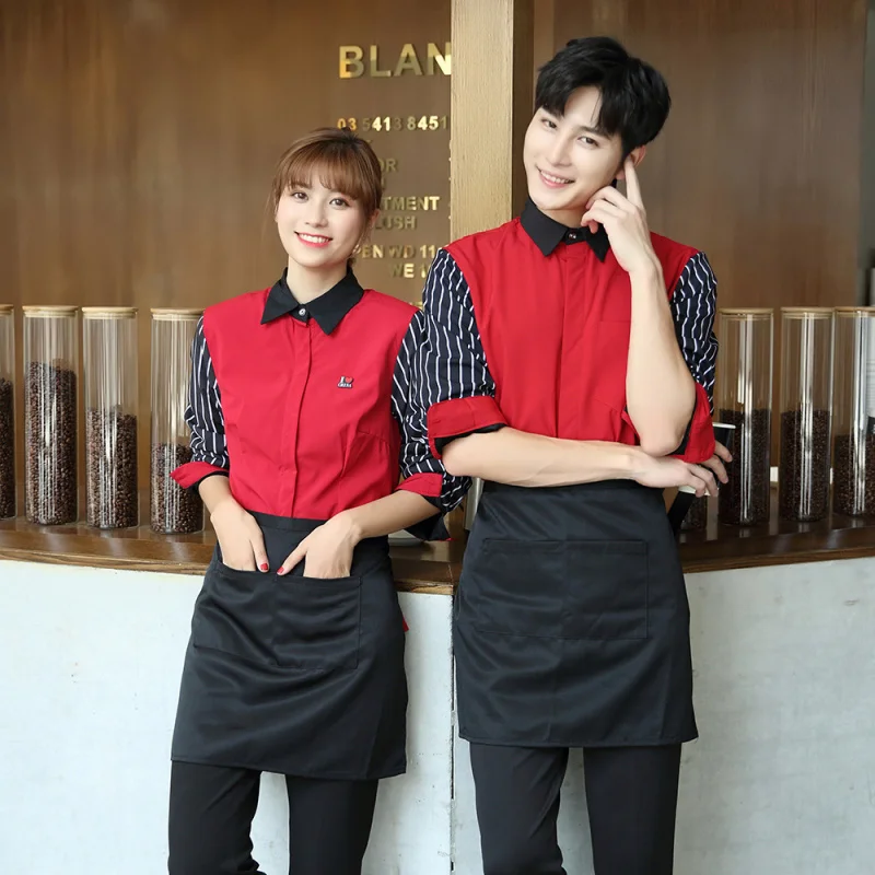 패스트푸드점 웨이터 유니폼 스트라이프 긴팔 커피숍 양식점 핫팟 카페 직원 상의