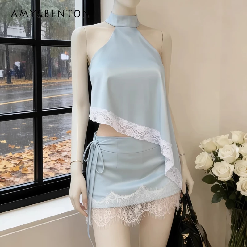 

Sexy Vacation Style Irregular Neck Women's Vest French Design Sweet Cool Sexy Lace Splicing A-line Skirt Two-piece Sets Ladies