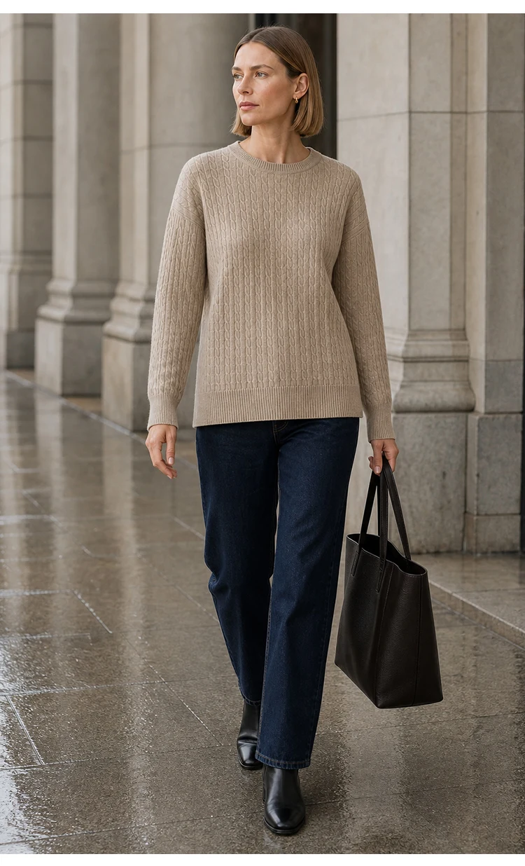 ML62062 Damen Minimalistischer Zopfmuster-Pullover mit Rundhalsausschnitt, Langarm, Modal-Mischung, Weich und Warm, Herbst-Winter-Oberteil – Detail 5