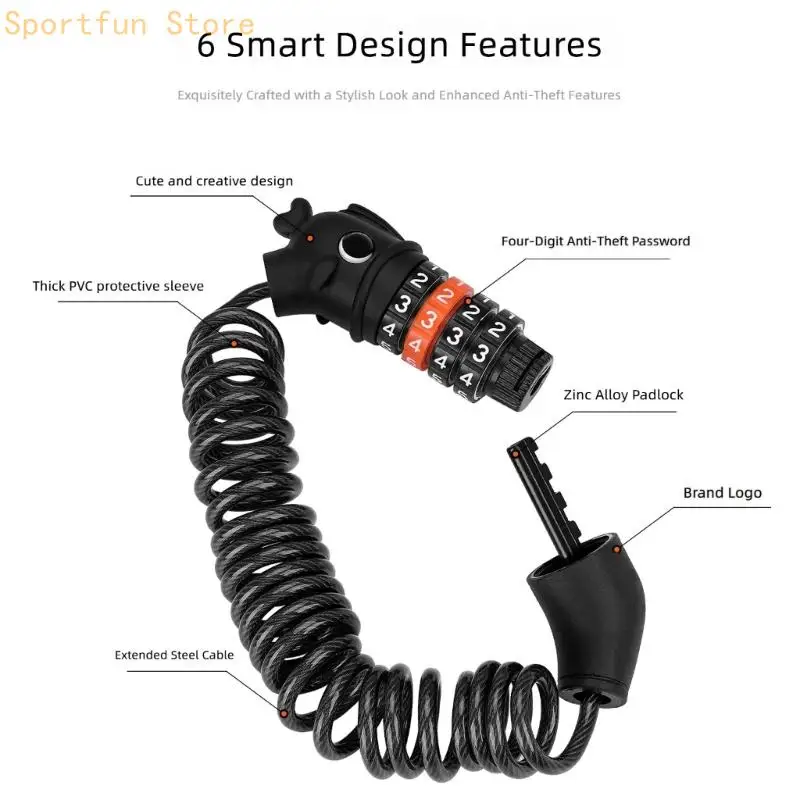 Cycling Lock Coiled Chain Lock Safe Bicycles Code Lock with 4 Digits Resettable Code, Folding Bikes Steel Cable Lock X7JD