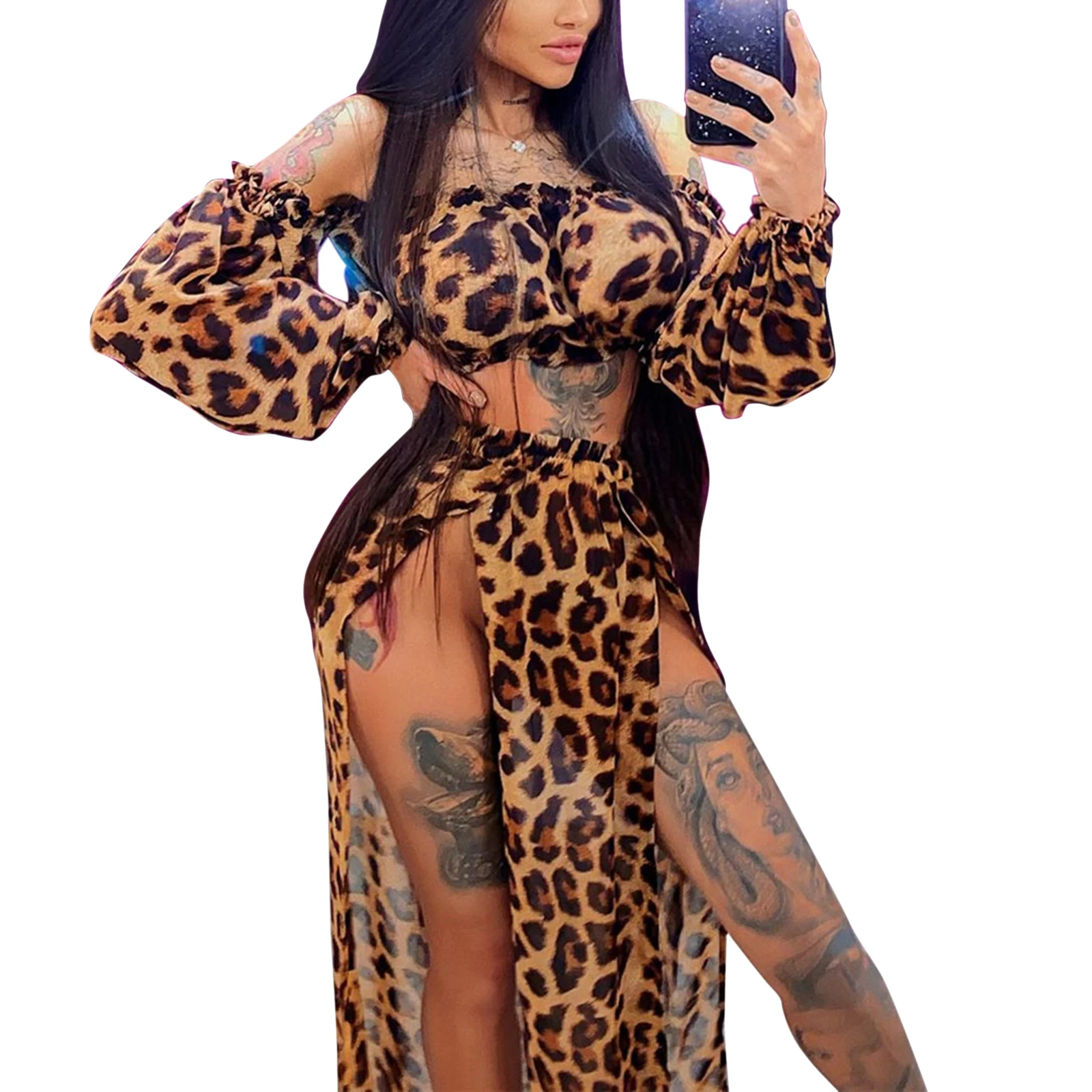 Ladies Sexy Beach Overskirt Set Summer Vacation Women Temperament Leopard Print Strapless Puff Sleeve Crop Top Split Skirt