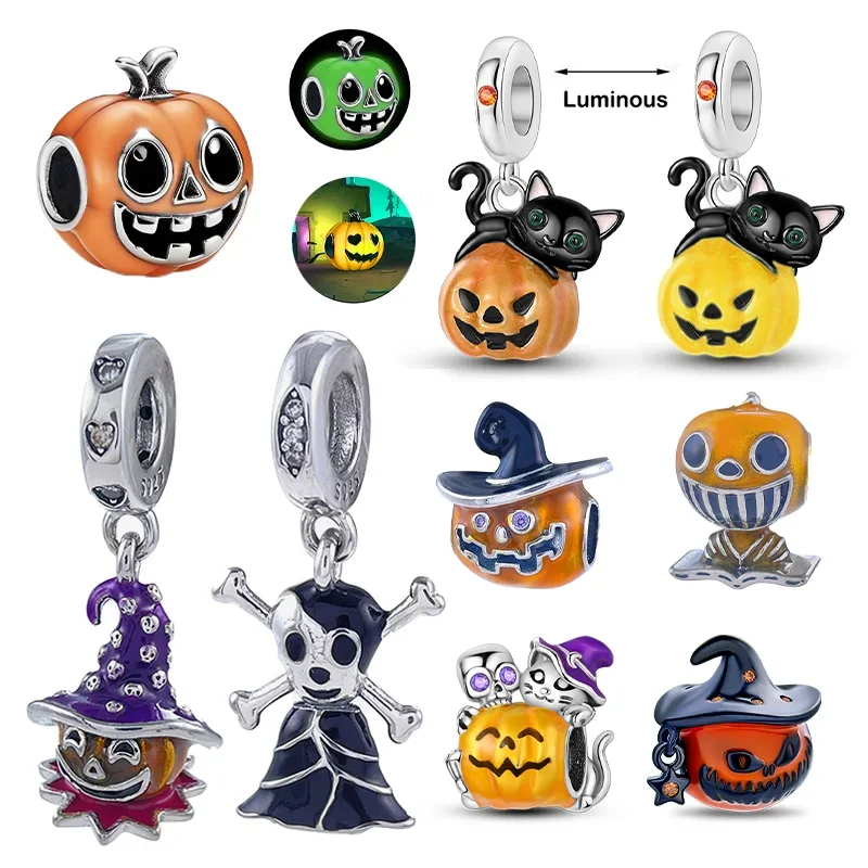 Srebrne zawieszki 925, świecące koraliki z czaszką dyni, zwisają DIY prezent z serii Halloween Charms oryginalna bransoletka dla kobiety biżuteria