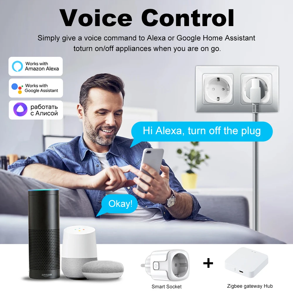 Tuya EU Plug Zigbee 20A adapter,Smart Socket Monitor Timing  outlet With Power Monitor Voice Control for Alexa Google Home Alice