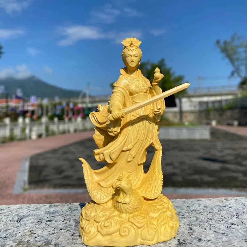 Hand-Carved Boxwood Nine Heavens Goddess Statue – Jiutian Xuannü Riding Phoenix, Chinese Taoist Deity Figurine for Home Altar