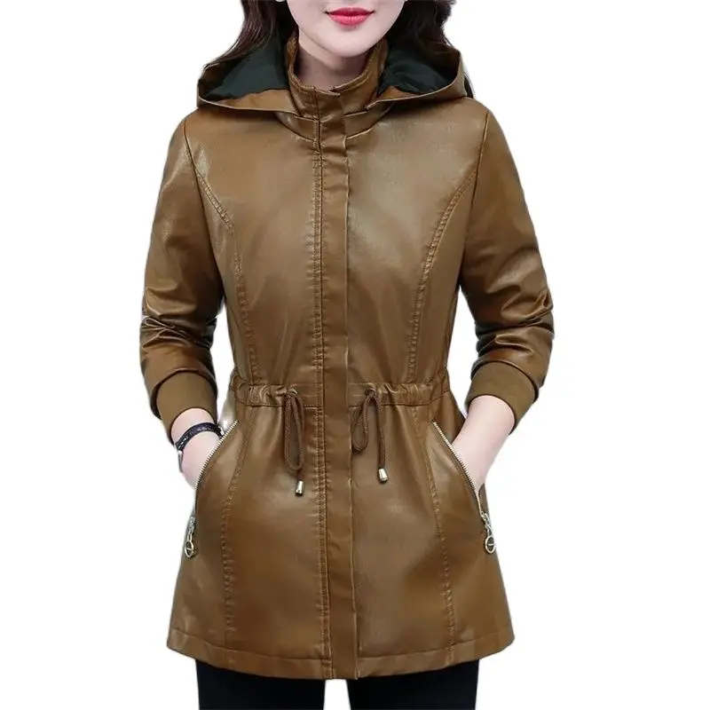 Chaqueta de cuero PU con capucha para mujer, abrigo grueso de forro polar, rompevientos con cordón, desmontar, otoño e invierno, 2023