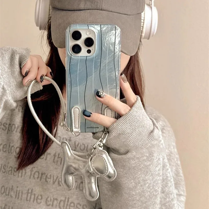 

Perforated vortex shell light blue striped phone case with puppy crossbody lanyard for iPhone 11 12 13 14 15 16 pro max