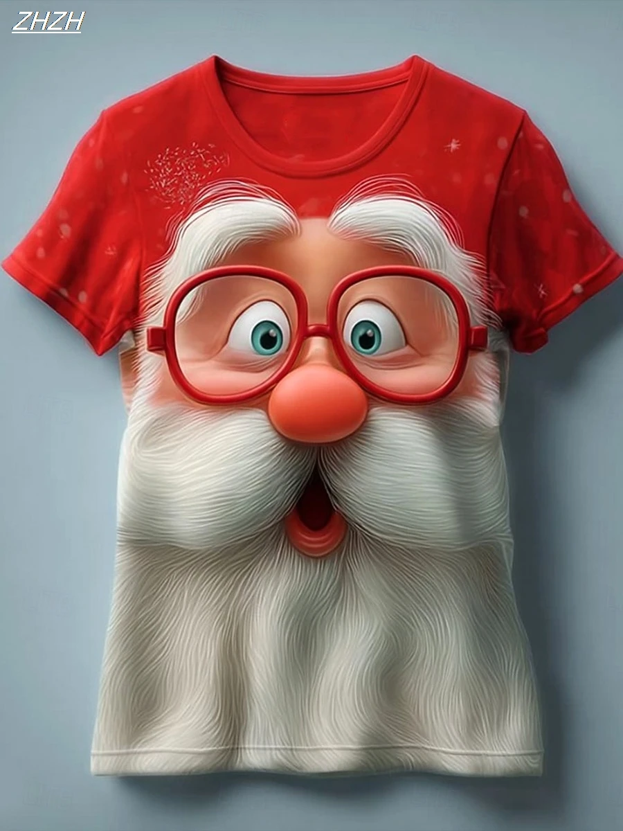 2025 Christmas Women's Vintage Santa Print Short Sleeve,Holiday Graphic Crew Neck Tee, Festive Seasonal Tops, Winter Casual Wear