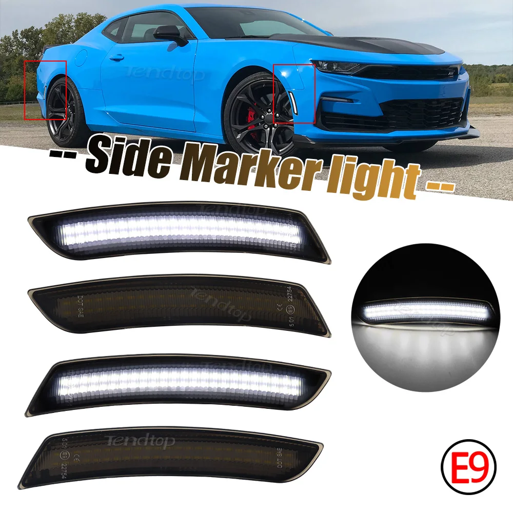 4pcs White LED Side Marker Front Rear Bumper Light Flashing  Mirror Turn Signal Lamp Indicator for Chevy Camaro 2016-2023