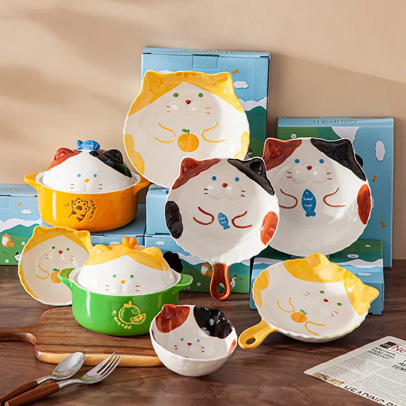 Ceramic Cartoon Cat Noodle Bowl for Children, Japanese Rice Bowl, Salad Bowl, Ceramic Dinner Plate for Kids，Crockery