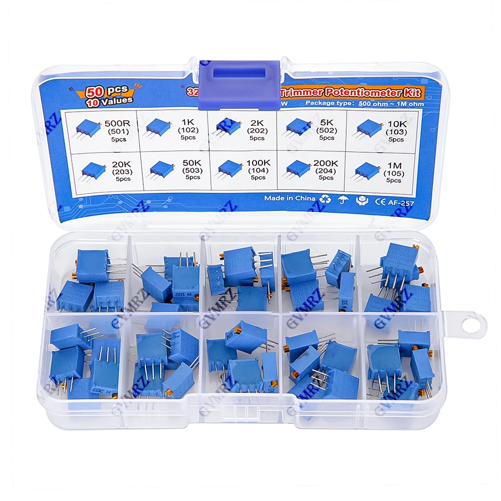 50PCS 10Values 3296W Multiturn Trimmer Potentiometer Kit (500Ω-1MΩ) in Box for Precision Circuit Tuning &  DIY 500R 2K 200K 1M
