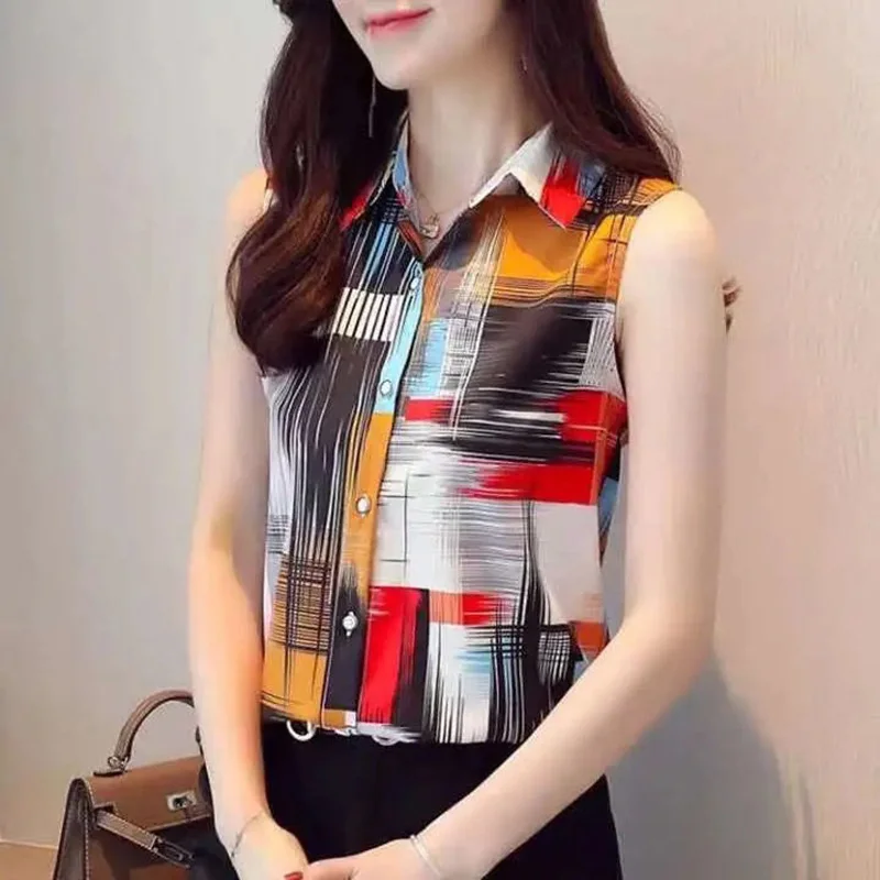 Fashion Lapel Sleeveless Printed Spliced Button Chiffon Shirt Summer Office Lady Tops Plus Size Casual Women\'s Clothing Blouse