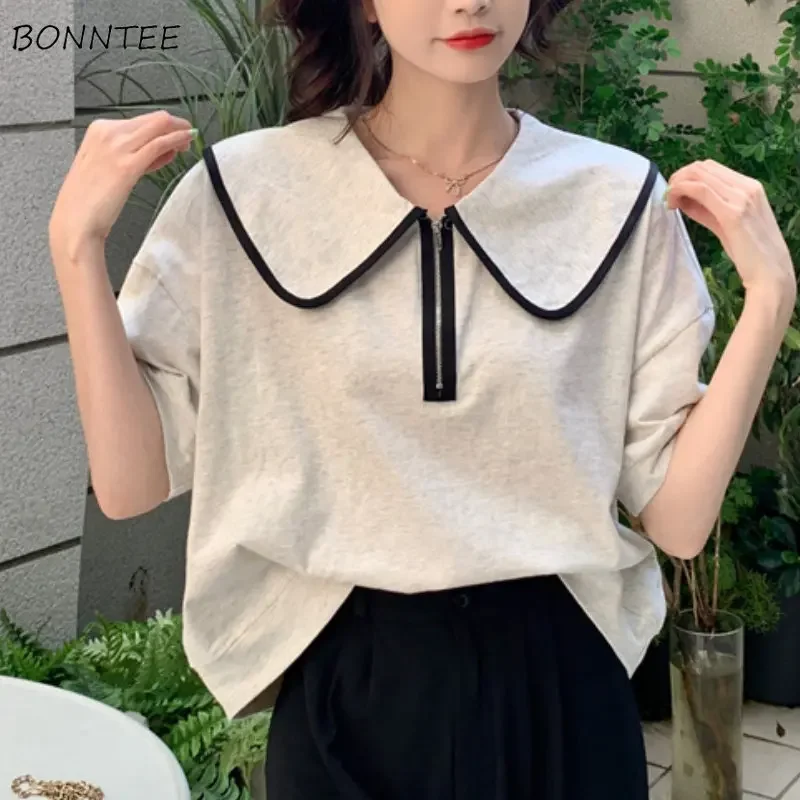 Short Sleeve T-shirts Women Zipper Baggy Vintage Summer Jogger Casual Fashion Korean Style All-match V-neck Simple Daily Tender