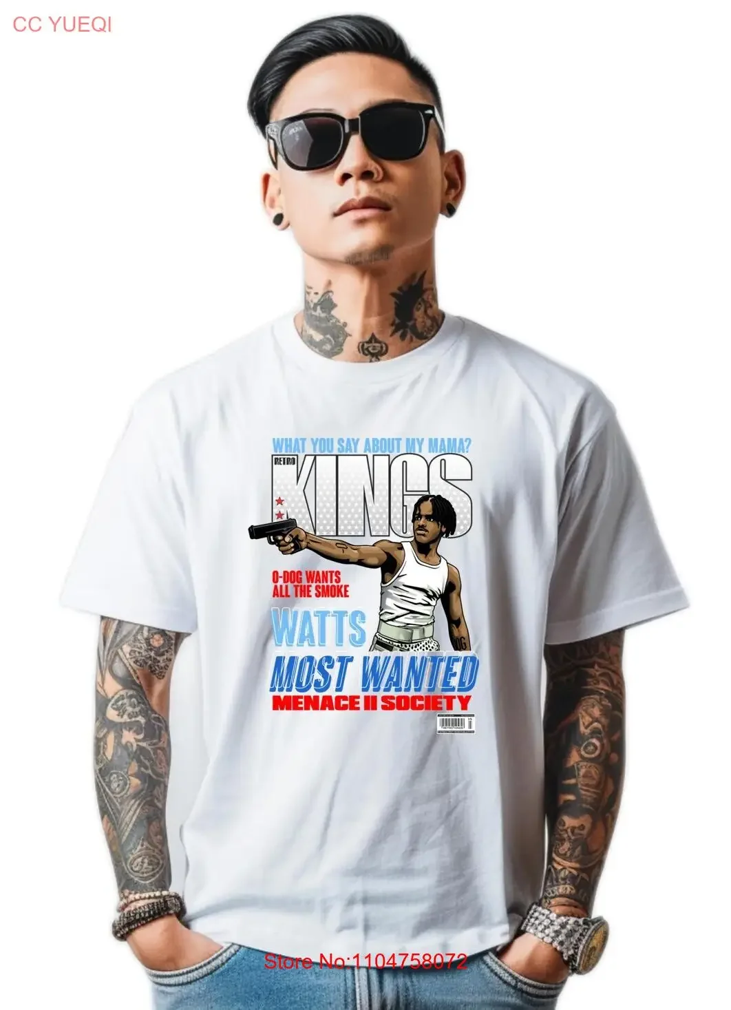 Nueva camiseta blanca Art Society x Retro Kings WATTS MOST WANTED, ropa de calle estirada lavada vintage pequeña 5XLLARGE