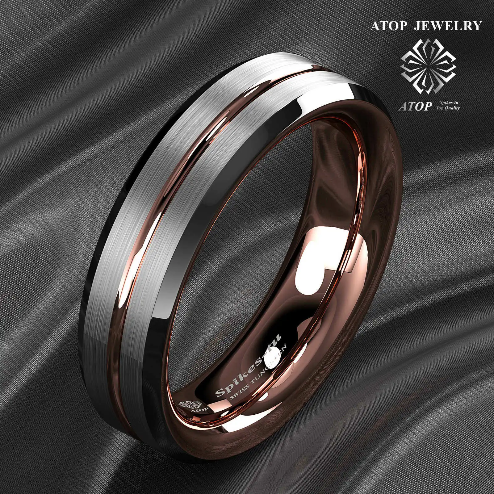 ATOP 6Mm Silver Brushed Black with Rose Gold Men Tungsten Wedding Band Ring