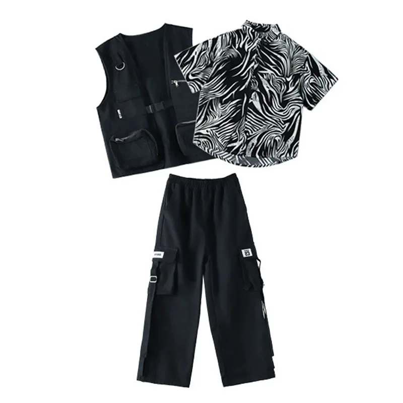 สีดําเสื้อแขนกุดเสื้อกั๊กลําลองกางเกงกางเกงขาสั้นเด็กหญิงแจ๊สเต้นรําเสื้อผ้าเครื่องแต่งกายเด็ก Cool Hip Hop เสื้อผ้า