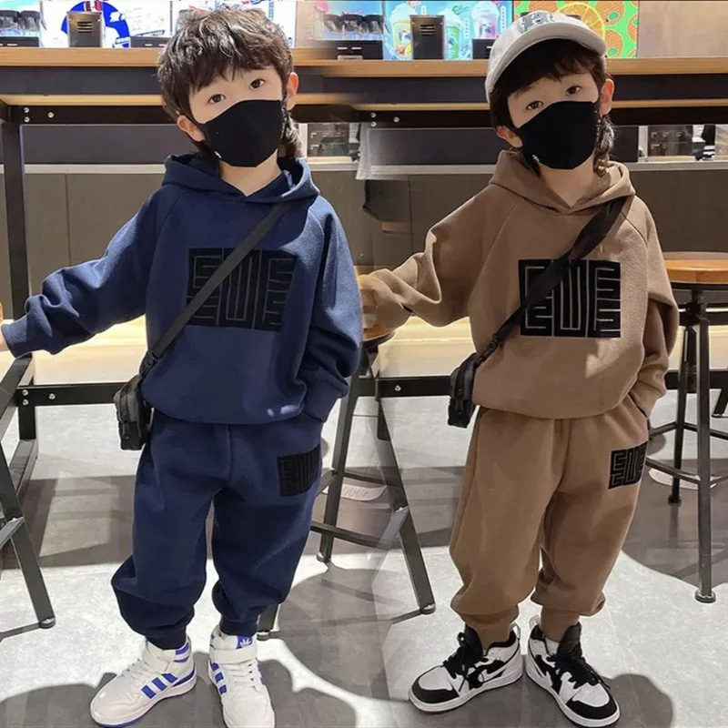 Boys Sets Children Warm Suit Baby Hooded Letters Sweater Pants 2Pcs Spring Autumn New Kid Loose Casual Fashion Outfit 4-12Y