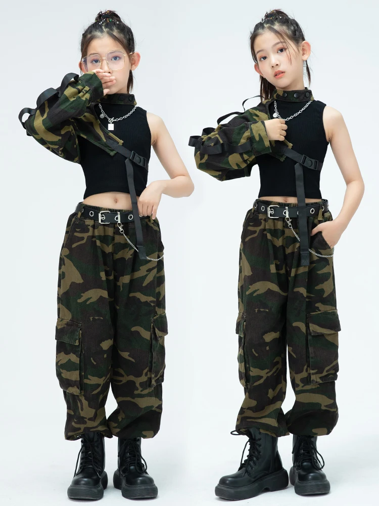 Moderne Jazz Dans Kostuum Meisjes Camouflage Mouwen Broek Hip Hop Prestaties Outfit Kids Concert Stage Kleding Rave Wear BL10051