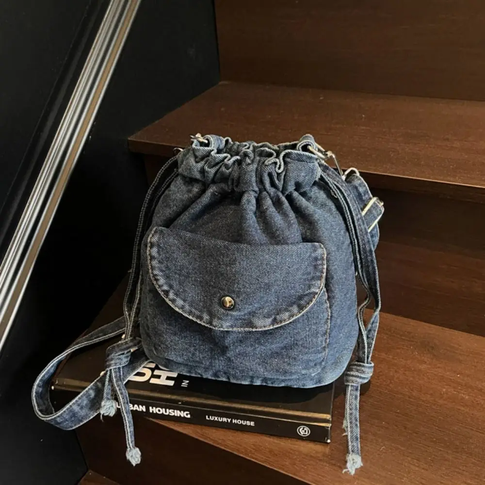 

Джинсовая сумка через плечо в корейском стиле ретро, однотонная сумка-ведро на шнурке, сумка-кошелек, сумка для мобильного телефона, мужская сумка