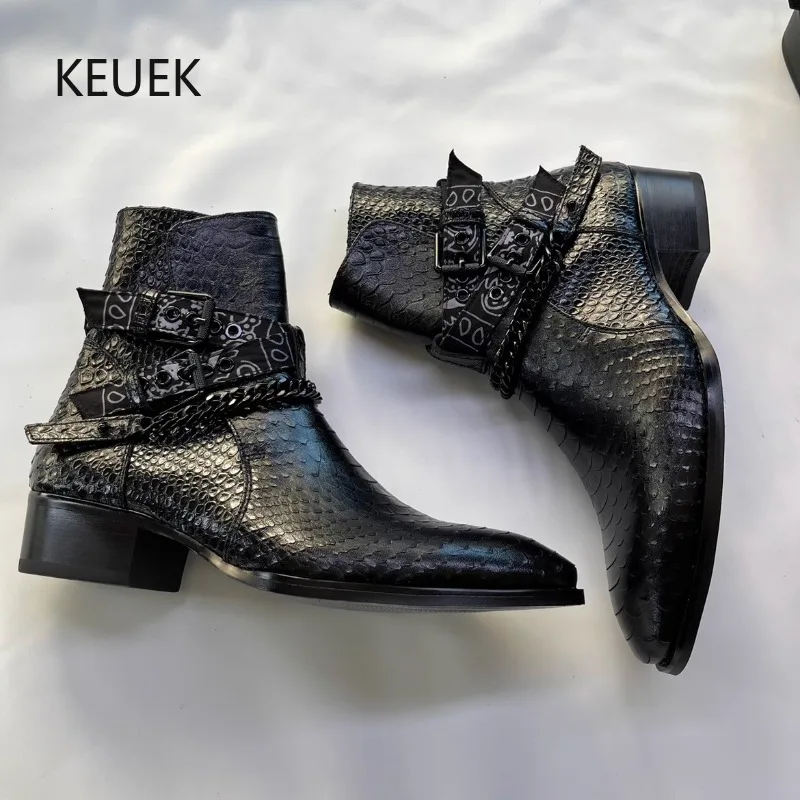 New Fashion Men Chelsea Boots Genuine Leather High-end Tooling Shoes Pointed Toe Street Motorcycle Boots Luxury Fashion Shoes