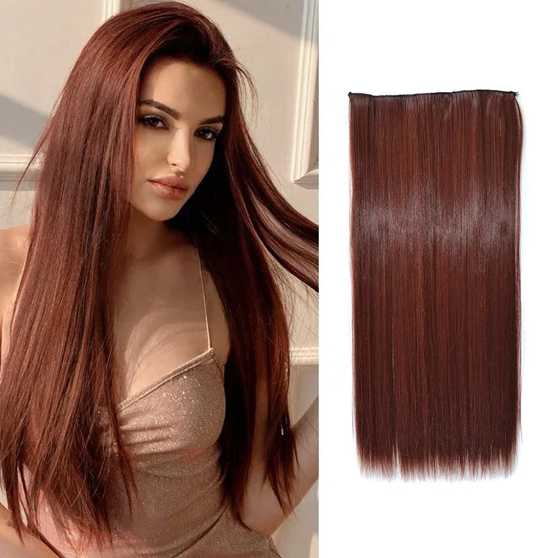 Longo sintético reta cabeça cheia extensões de cabelo para mulheres, pedaço de cabelo falso, 5 clipes, natural hairpiece, marrom e vermelho, 24in