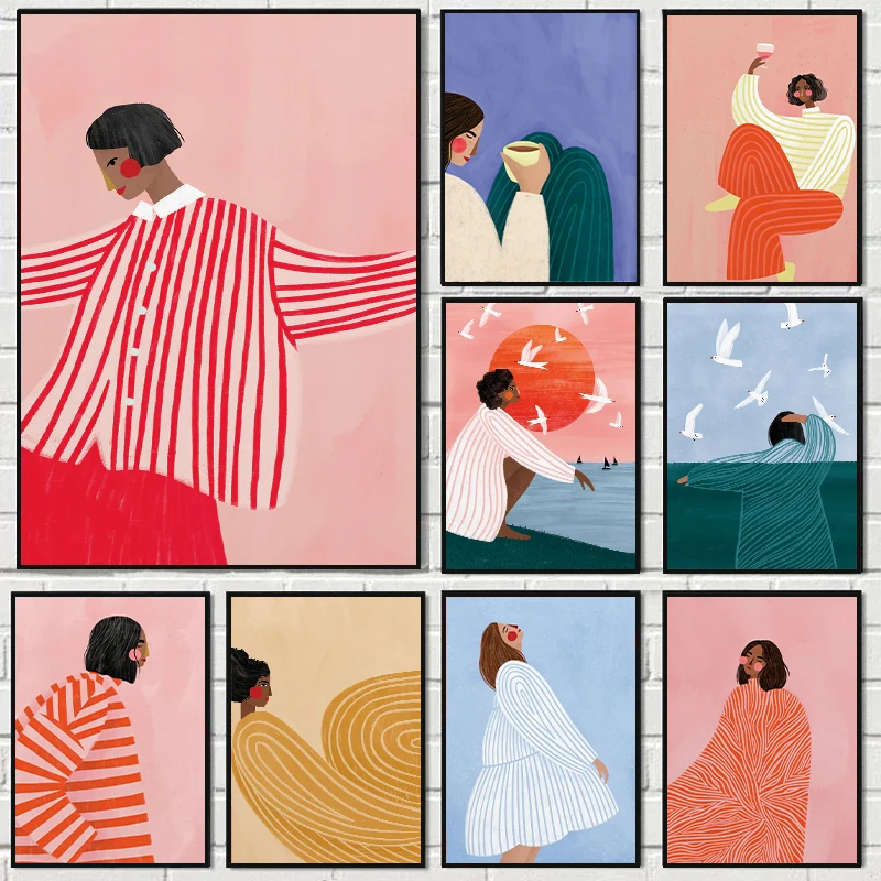 Rot- und rosa gestreifte Damen-Leinwanddrucke, minimalistische Linien, kleinste Porträt-Illustration, Kunstposter für Wohnzimmer, Heimdekoration