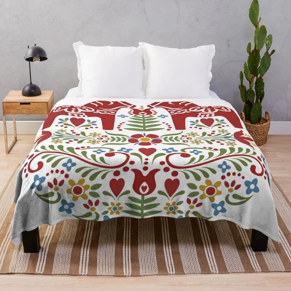 Scandinavian Dala Horse, Swedish Folk Art Throw Blanket Shaggy Decorative Beds Blankets