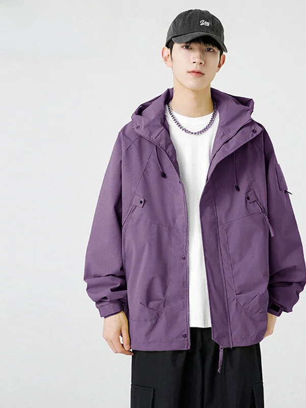

TUCANO Men's Hooded Jaet Windproof Outdoor Workwear Coat Purple Spring Autumn New Sle Loose Fit Polyester Long Sve Zipper