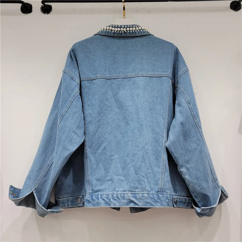 European Station 2023 Autumn New Heavy Industry Rhinestone Beads Skinny Versatile Long Sleeve Denim Jacket Women's Cross-border