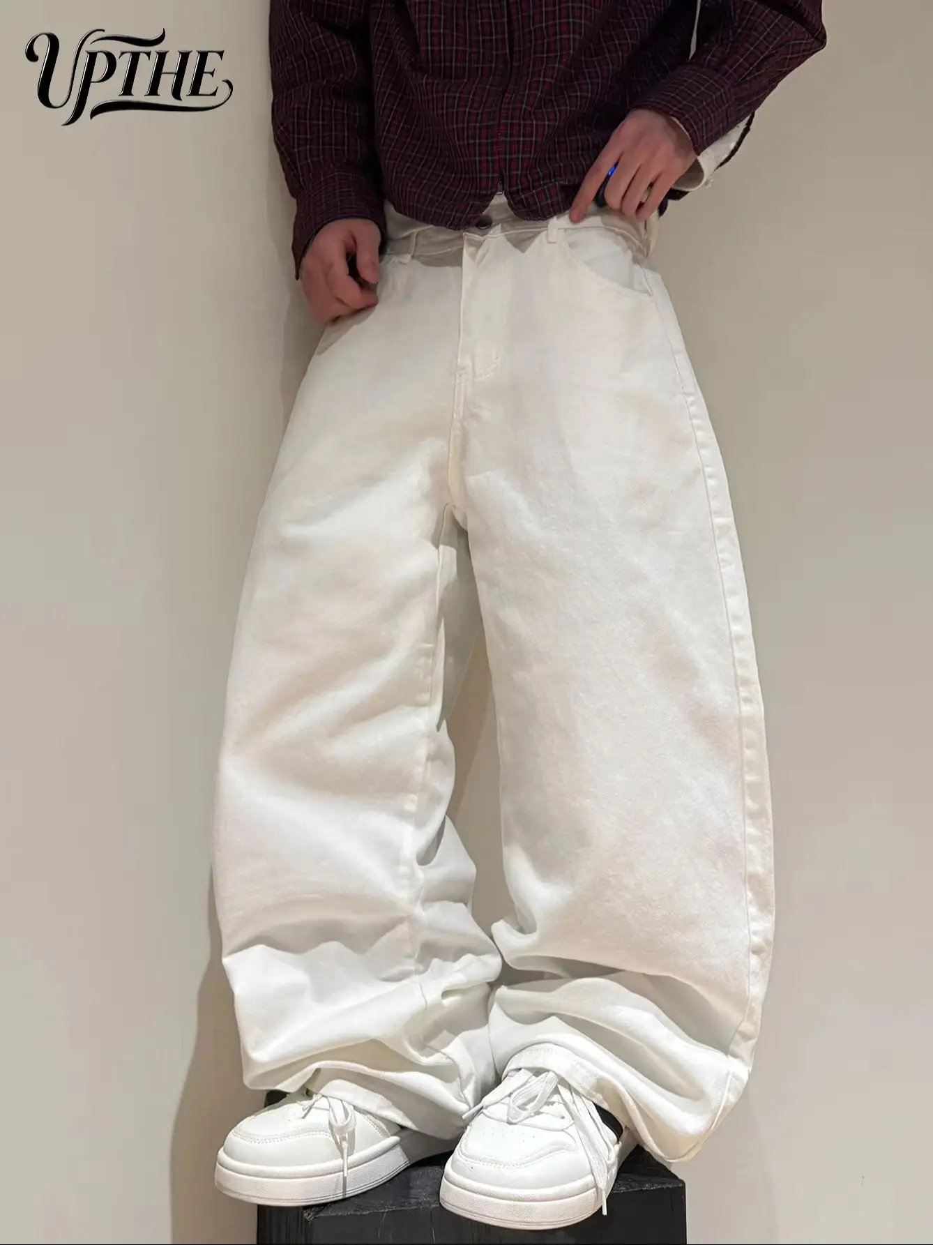 UPTHE Mens White Wide Leg Jeans, Mid Rise Baggy Denim Pants, Loose Relaxed Fit Y2K Street Fashion Casual Long Jeans for Men