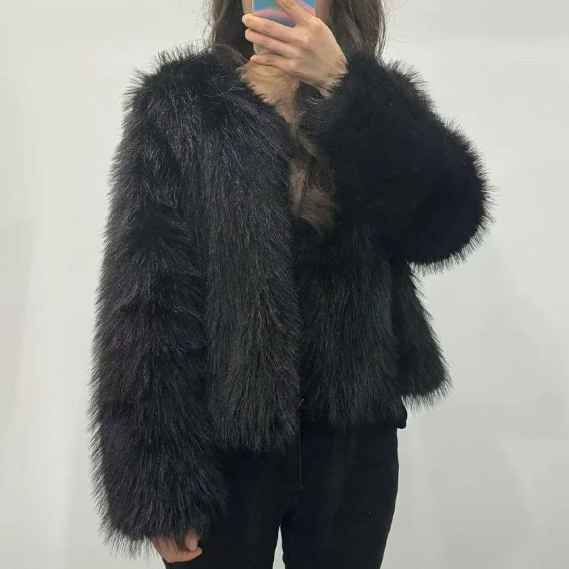 سترة نسائية قصيرة بتأثير فرو صناعي ورقبة دائرية أنيقة ومتعددة الاستخدامات يجب اقتناؤها قطعة للخريف والشتاء Trafizaran #3