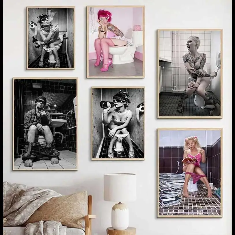 Modern Black and White Canvas Print  Sexy Woman  Man in Bar Smoking  Drinking Art for Bathroom Wall 