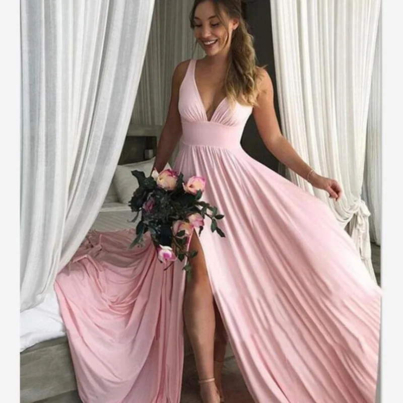 

Розовые платья подружки невесты с разрезом и V-образным вырезом, длинное свадебное платье, платье на заказ