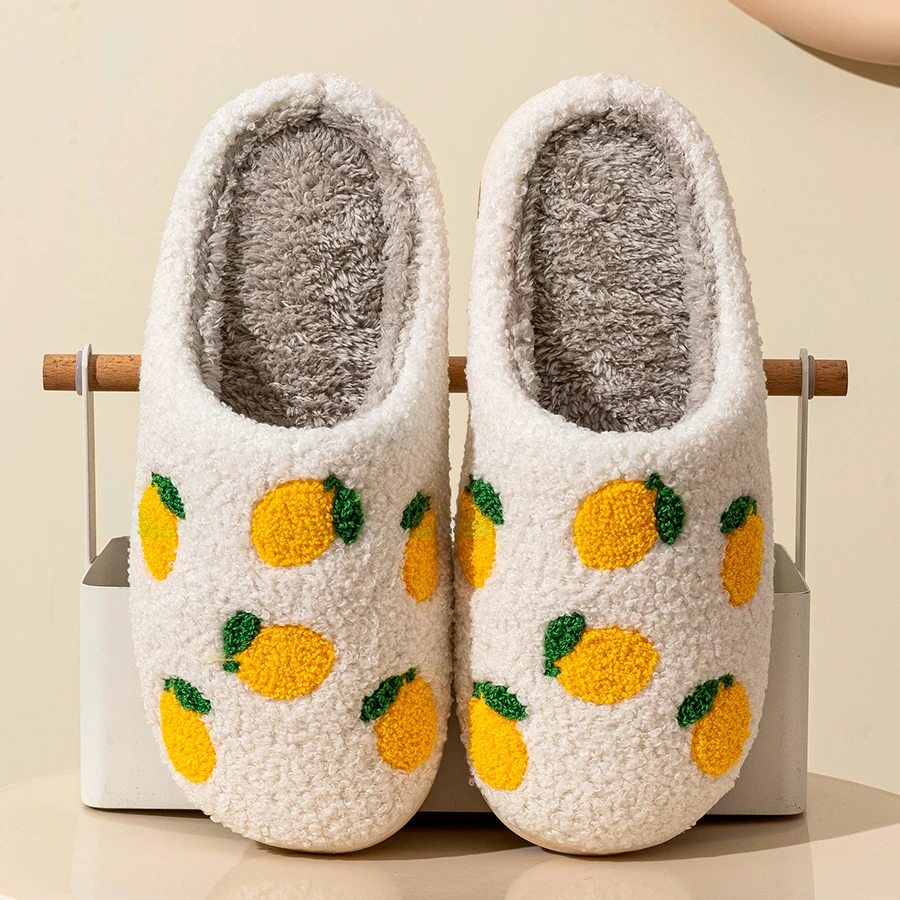

Lemon Embroidered Pattern Leisure Cute Home Women's Slippers Simple Winter Indoor Soft Sole Warm Bedroom Plush Shoes Comfy Fruit