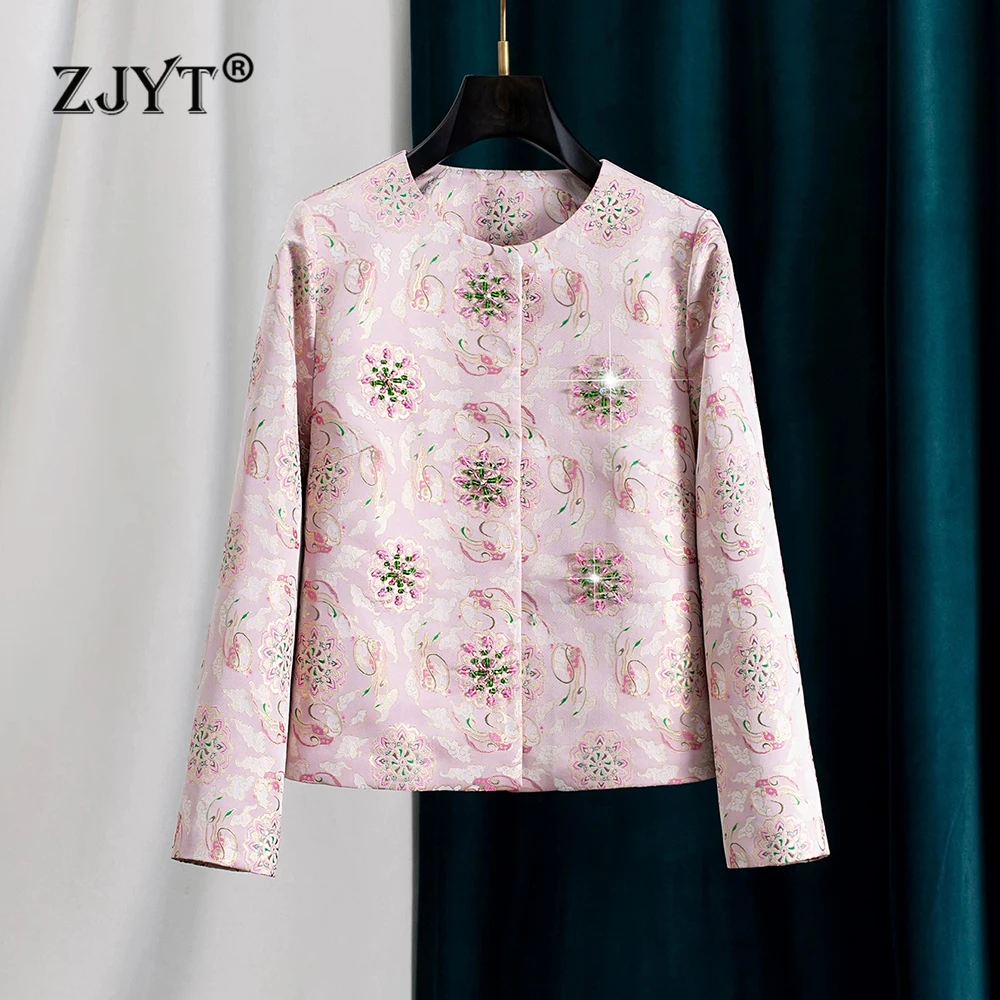 

ZJYT Элегантные шикарные розовые жаккардовые пальто и куртки для женщин, весна 2026, новинка, повседневная верхняя одежда с длинным рукавом, винтажные женские топы