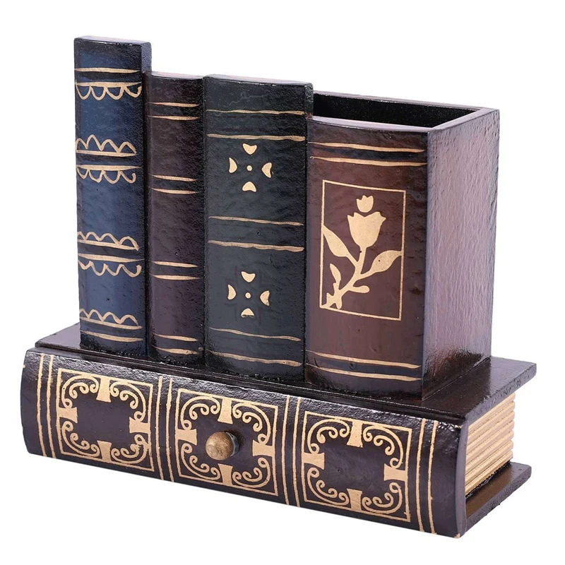 

2X Multifunction Retro Wooden Pen Holder Book Shape Wood Craft Home Decor Pencil Desktop Storage Box
