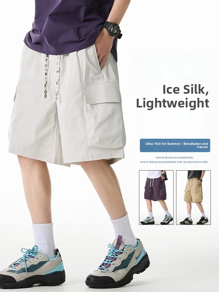 

Summer Thin Ice Silk Casual orts Men's Loose Straight Leg Wide Leg Five-Quarter Pants Faionable American Brand Workwear