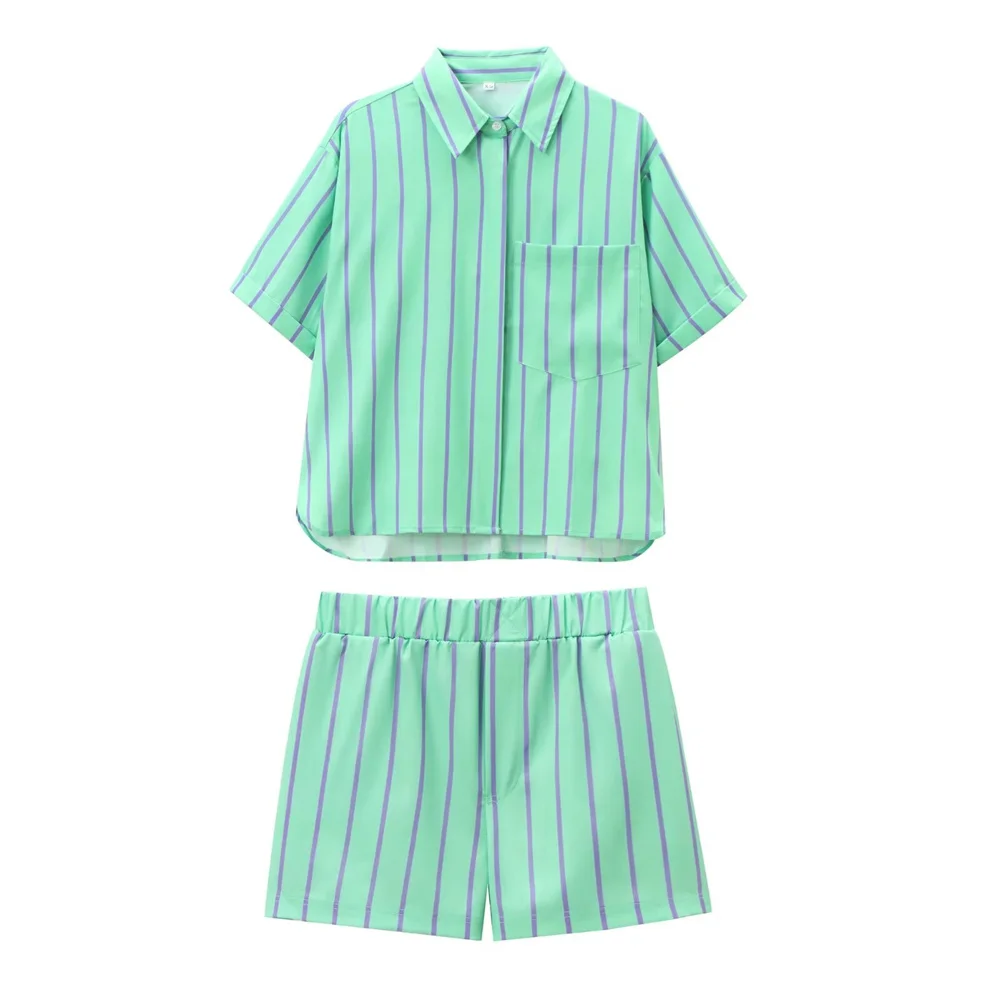 Taop&Za Summer New Product Women\'s Fashion and Western Style Versatile Striped Poplin Shirt Casual Shorts Set