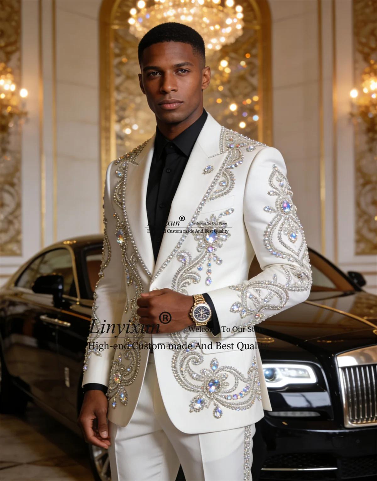 

Sparkly Crystals Gem Men Suits 2 Pieces Sets Male Prom Party Blazers Customized Groom Wear Tuxedos Slim Fit trajes para hombre