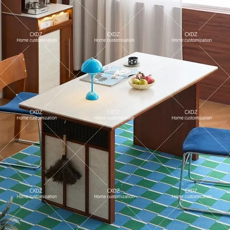 Retro Slate Dining Table Set with Chairs Rectangular Travertine Top Solid Wood Frame Medium Size for Small Apartment Home