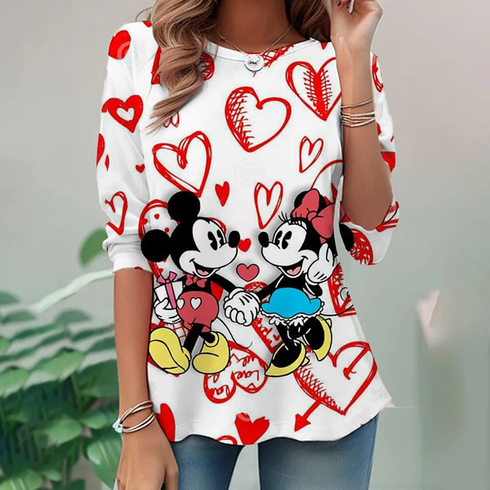 New Large Women's Long Sleeve Pocket Round Neck Waist Top T-shirt Disney Mickey Mouse Loose Casual Fashion Loose Women's Shirt