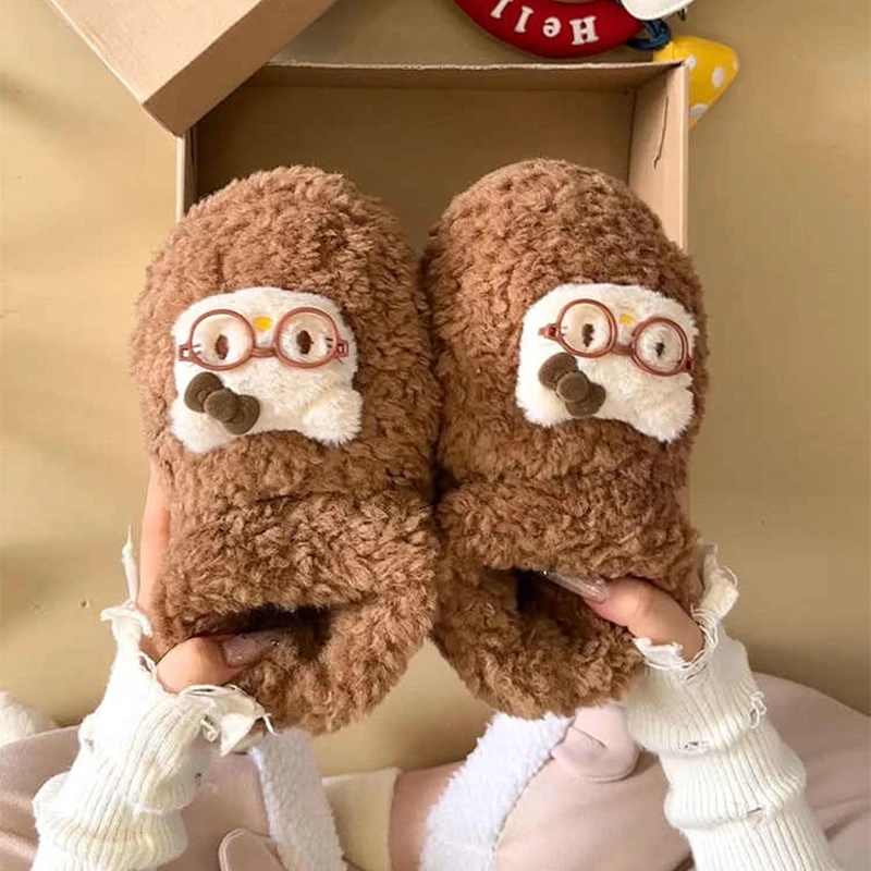 

Зимние сапоги Sanrio с милым рисунком «Hello Kittye», осенне-зимние домашние теплые и плюшевые хлопковые туфли на толстой подошве, праздничный подарок