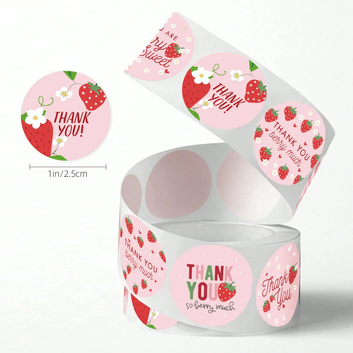 500 Stück 1 Zoll große runde Erdbeer-Dankeschön-Aufkleber auf Rolle, niedliche rosa Erdbeer-Siegeletiketten für Geschenkverpackungen, Partydekoration – Detail 2