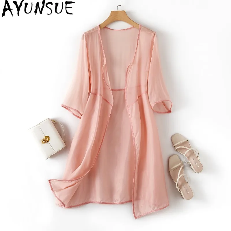 

AYUNSUE 100% Silk Sunscreen Clothes for Woman Solid Color Spring Summer Tops New Arrival Thin Cardigan Woman Clothes Ropa Mujer