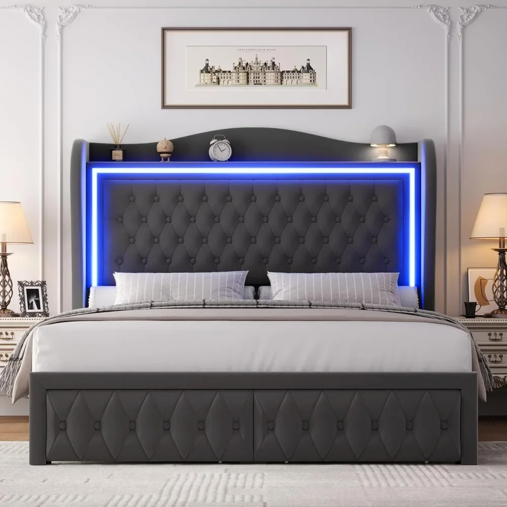 King Bed Frame com luzes LED, Cabeceira alta, veludo adornado, estofado Plataforma, 2 gavetas de armazenamento, botões, 55"