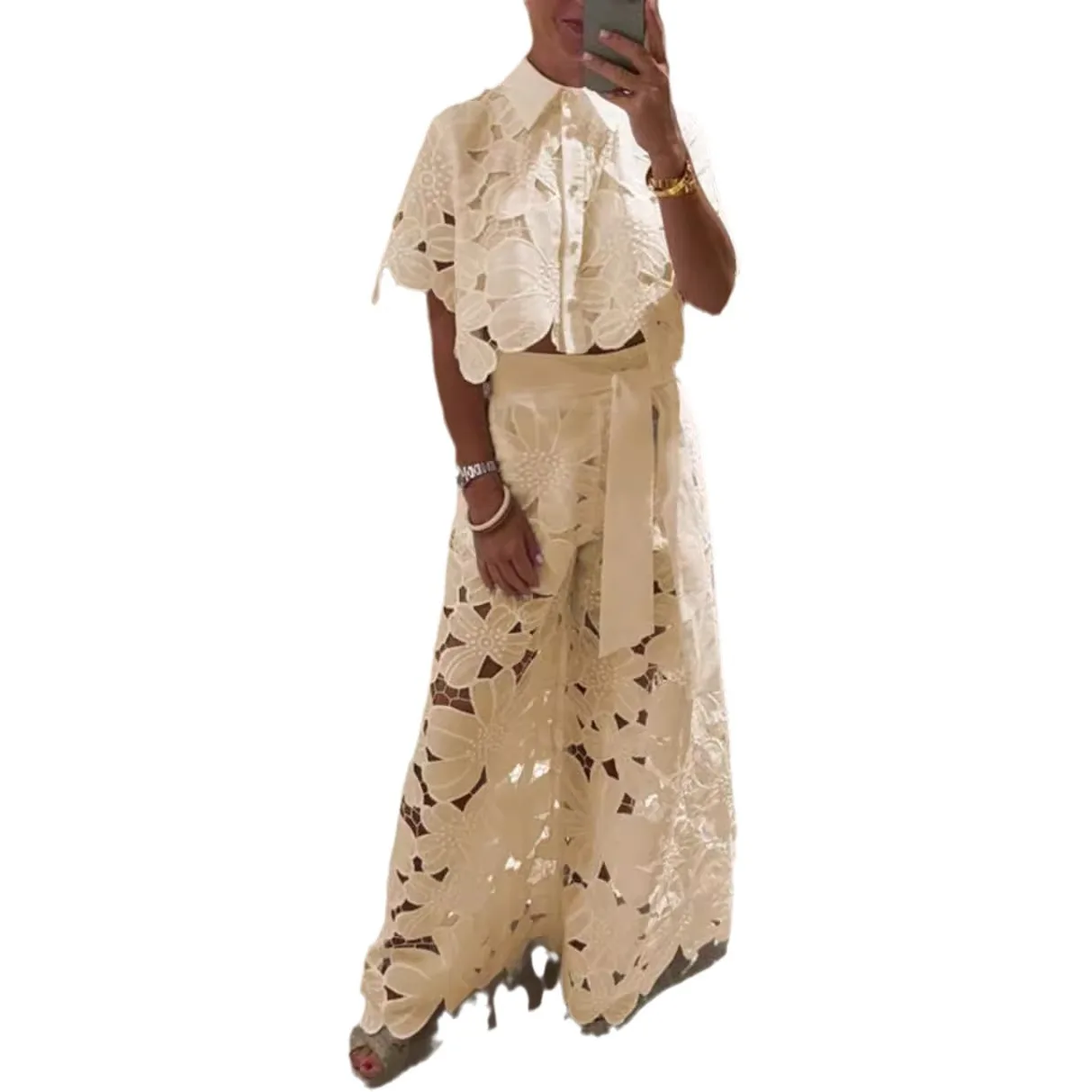 Women Lace Outfit Embroidery Retro Hollow Temperament Suit 2025 Elegant Button Short Sleeved Blouse Tops&Tie-up Pants Set 2Pcs